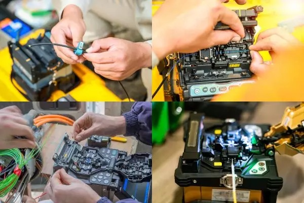 Técnico de FibraRed empalmando fibra óptica con fusionadora